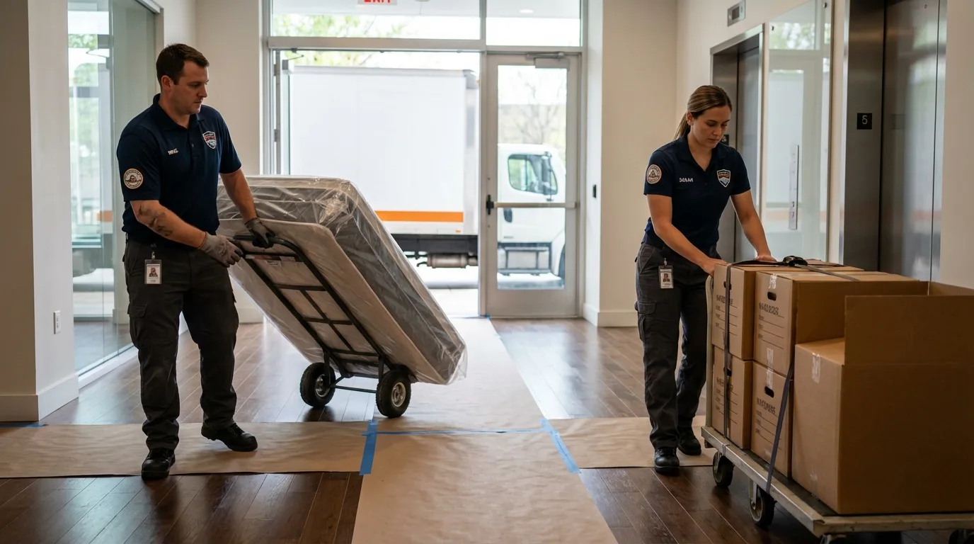 Professional apartment movers loading elevator in Higginsville, MO