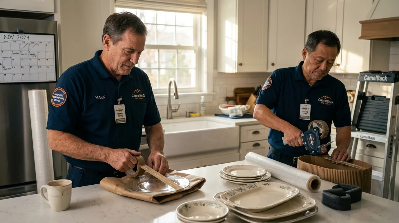 Professional crew packing kitchen dishware in Higginsville, MO